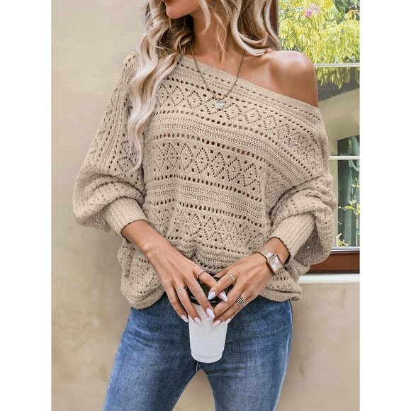 Women's Crochet Off Shoulder Sweater Light Brown Small Oversized Long Sleeve - Picture 5 of 6